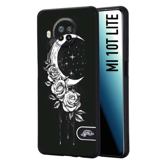 CUSTOMIZZA - Custodia cover nera morbida in tpu compatibile per Xiaomi Mi 10T LITE luna e fiori moon flowers black and white bianco a rilievo disegnato tattoo tatuaggio