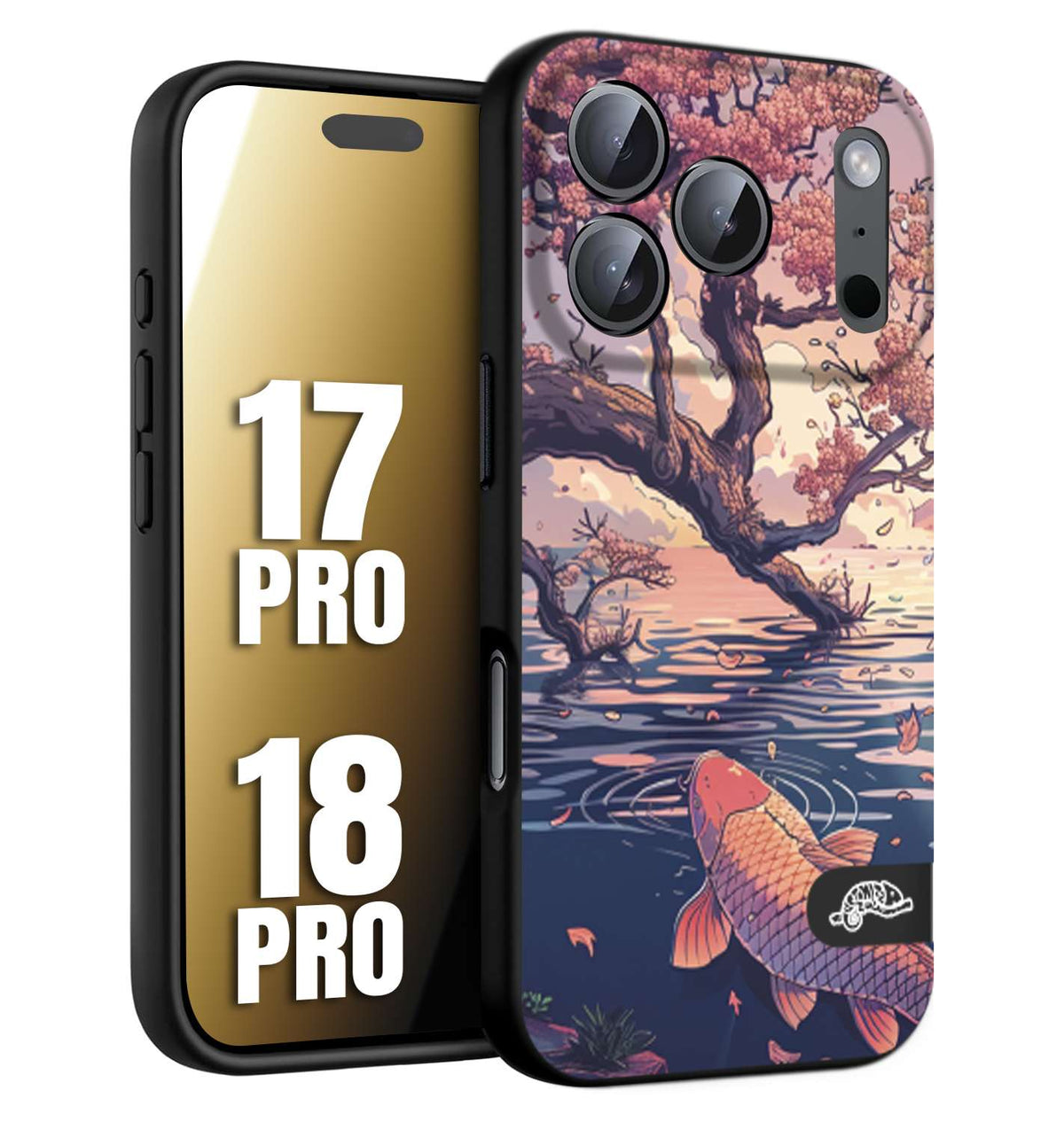 CUSTOMIZZA - Custodia cover nera morbida in tpu compatibile per iPhone 17 PRO - 18 PRO giapponese lago carpa koi rosa con foglie d'acero disegnata tattoo