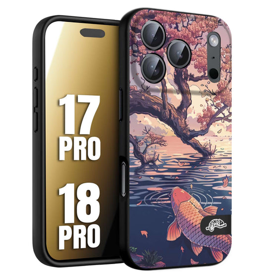 CUSTOMIZZA - Custodia cover nera morbida in tpu compatibile per iPhone 17 PRO - 18 PRO giapponese lago carpa koi rosa con foglie d'acero disegnata tattoo
