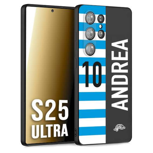 CUSTOMIZZA - Custodia cover nera morbida in tpu compatibile per Samsung S25 ULTRA personalizzata calcio football nome e numero calciatori biancazzurri