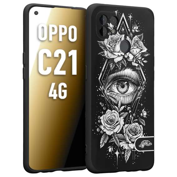 CUSTOMIZZA - Custodia cover nera morbida in tpu compatibile per Oppo Realme C21 4G occhio fiori rombo geometrico black and white bianco a rilievo disegnato tattoo tatuaggio