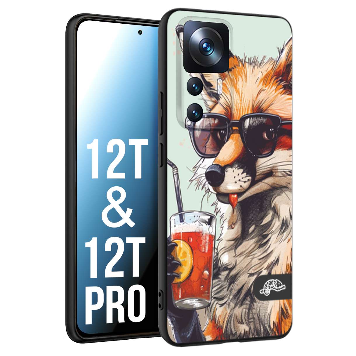 CUSTOMIZZA - Custodia cover nera morbida in tpu compatibile per Xiaomi 12T - 12T PRO estate disegnata cocktails animali simpatici fox volpe negroni