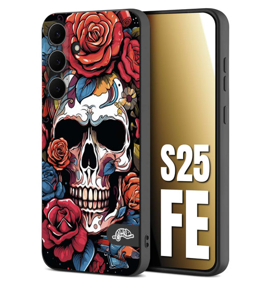 CUSTOMIZZA - Custodia cover nera morbida in tpu compatibile per Samsung S25 FE teschio skull flowers fiori rose rosse tattoo disegnato