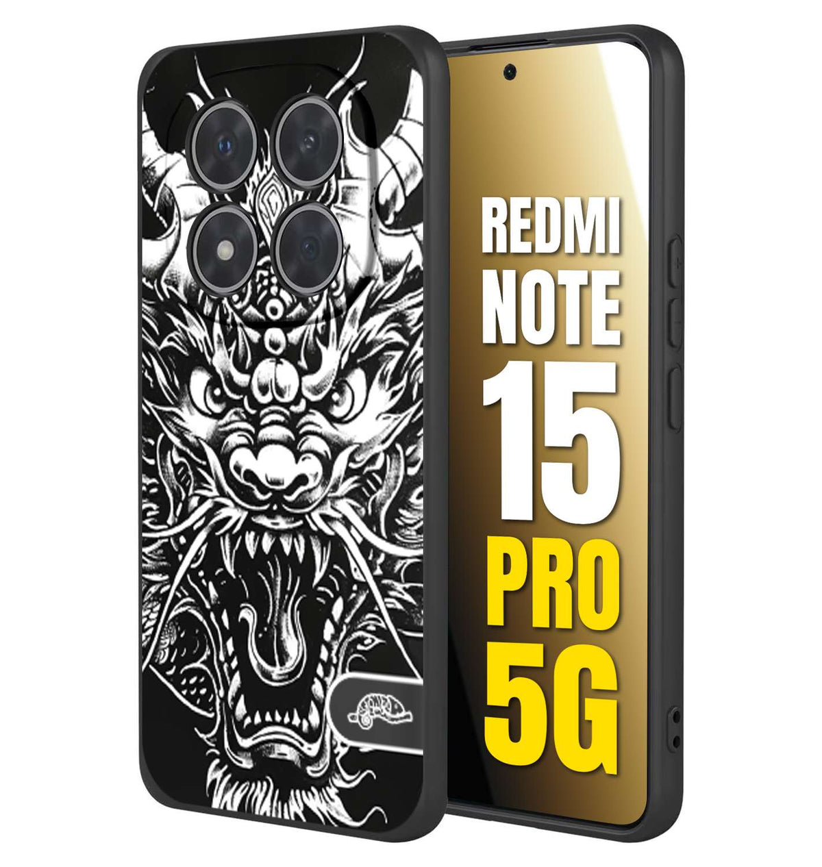 CUSTOMIZZA - Custodia cover nera morbida in tpu compatibile per Xiaomi Redmi Note 15 PRO 5G drago black and white bianco a rilievo disegnato tattoo tatuaggio