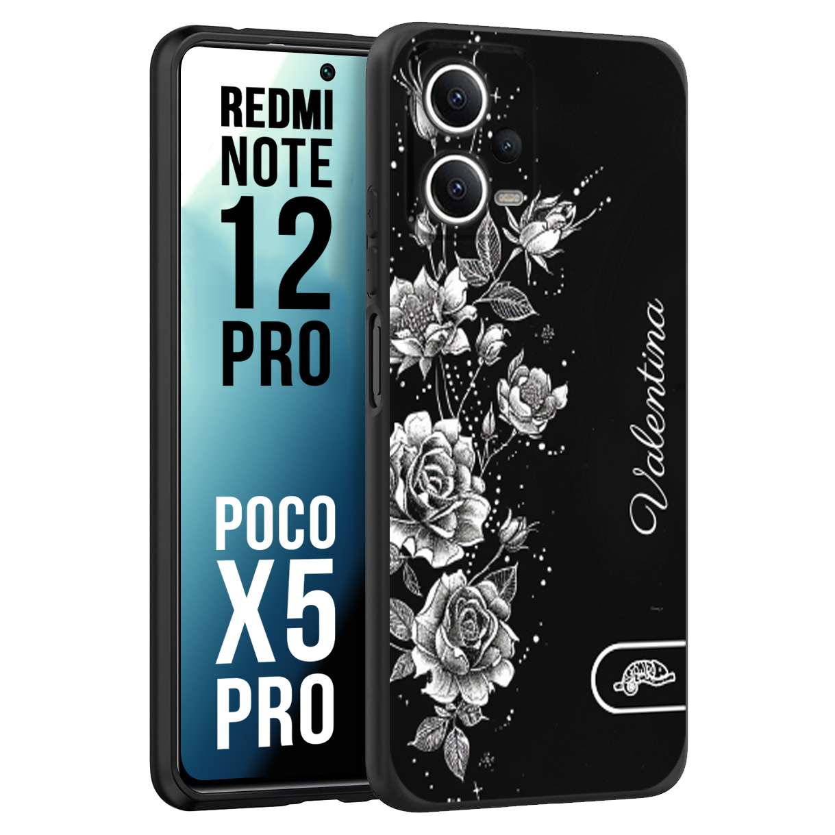 CUSTOMIZZA - Custodia cover nera morbida in tpu compatibile per Xiaomi Redmi Note 12 PRO - POCO X5 PRO a rilievo soft touch personalizzata nome rose fiori donna