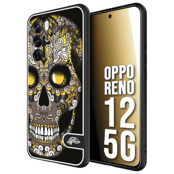 CUSTOMIZZA - Custodia cover nera morbida in tpu compatibile per Oppo Reno 12 5G teschio messicano Mexican skull nero giallo