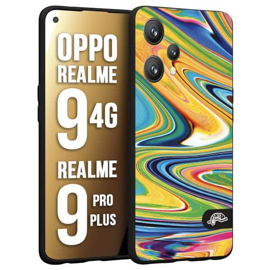 CUSTOMIZZA - Custodia cover nera morbida in tpu compatibile per Realme 9 4G - 9 PRO PLUS colorata fantasia vortice marmo arcobaleno gialla verde blu