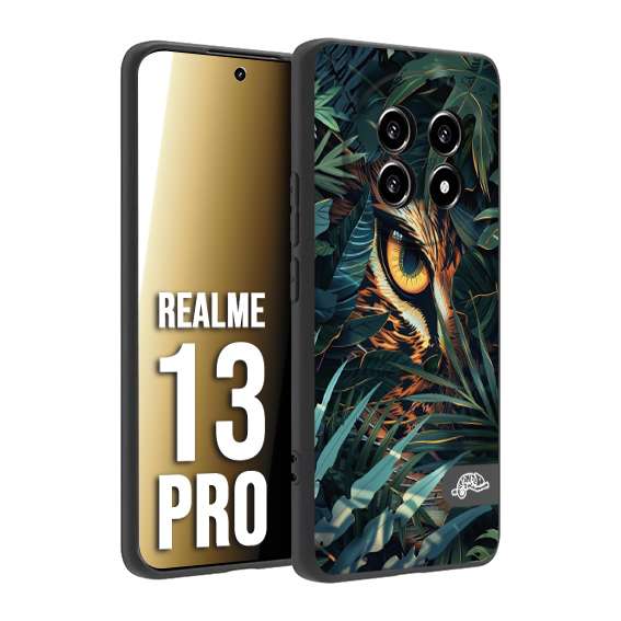 CUSTOMIZZA - Custodia cover nera morbida in tpu compatibile per Realme 13 PRO animali color giungla tropicale occhio di giaguaro felino disegnato