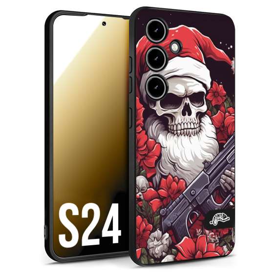 CUSTOMIZZA - Custodia cover nera morbida in tpu compatibile per Samsung S24 teschio natale santa claus fiori tattoo disegnato