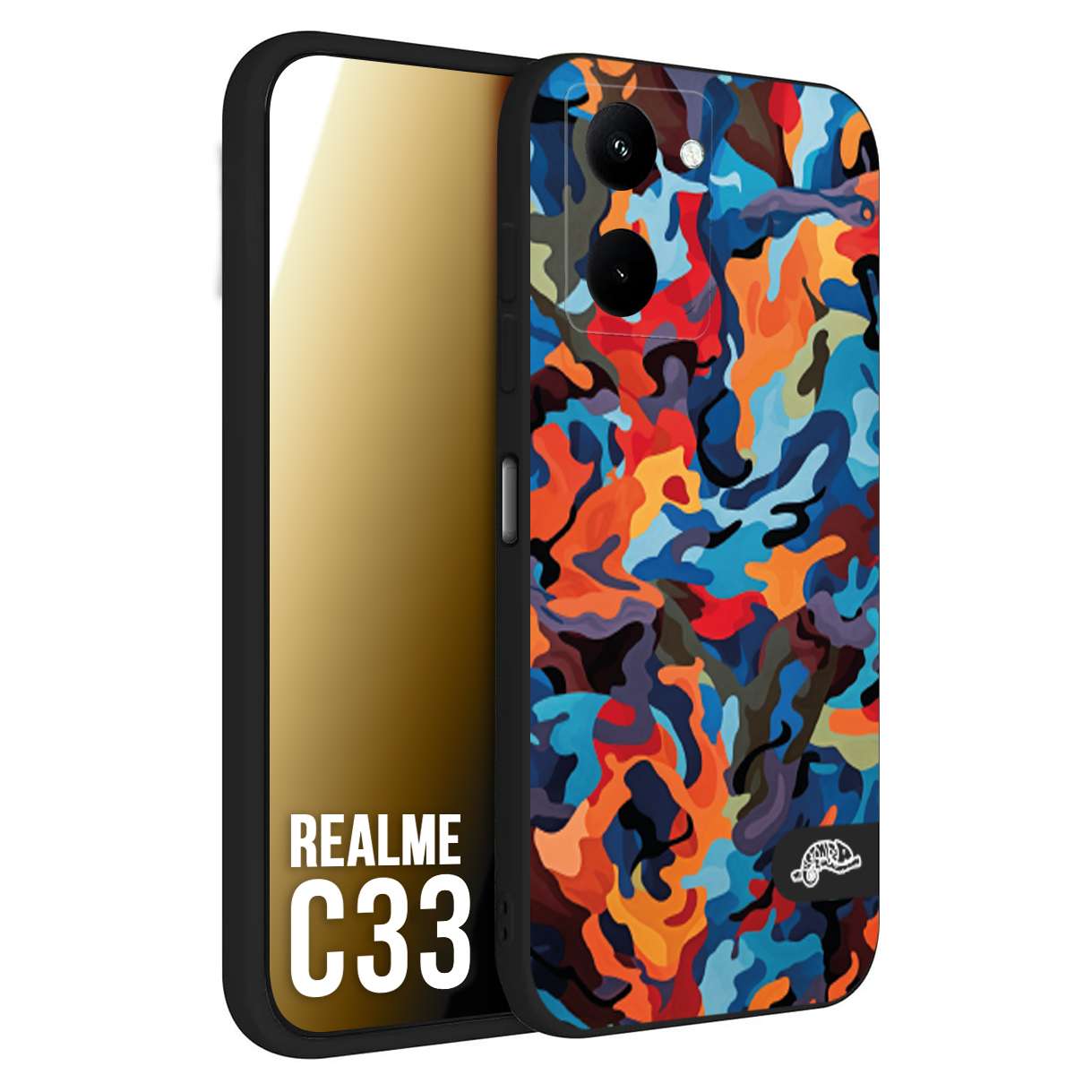 CUSTOMIZZA - Custodia cover nera morbida in tpu compatibile per Oppo Realme C33 camouflage mimetico militare moderno blu arancio rosso