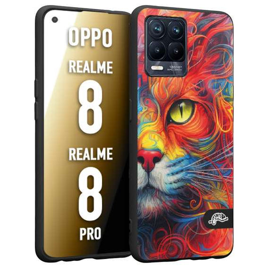 CUSTOMIZZA - Custodia cover nera morbida in tpu compatibile per Oppo Realme 8 - 8 PRO animali color cat gatto viso colori vibranti disegnato schizzo