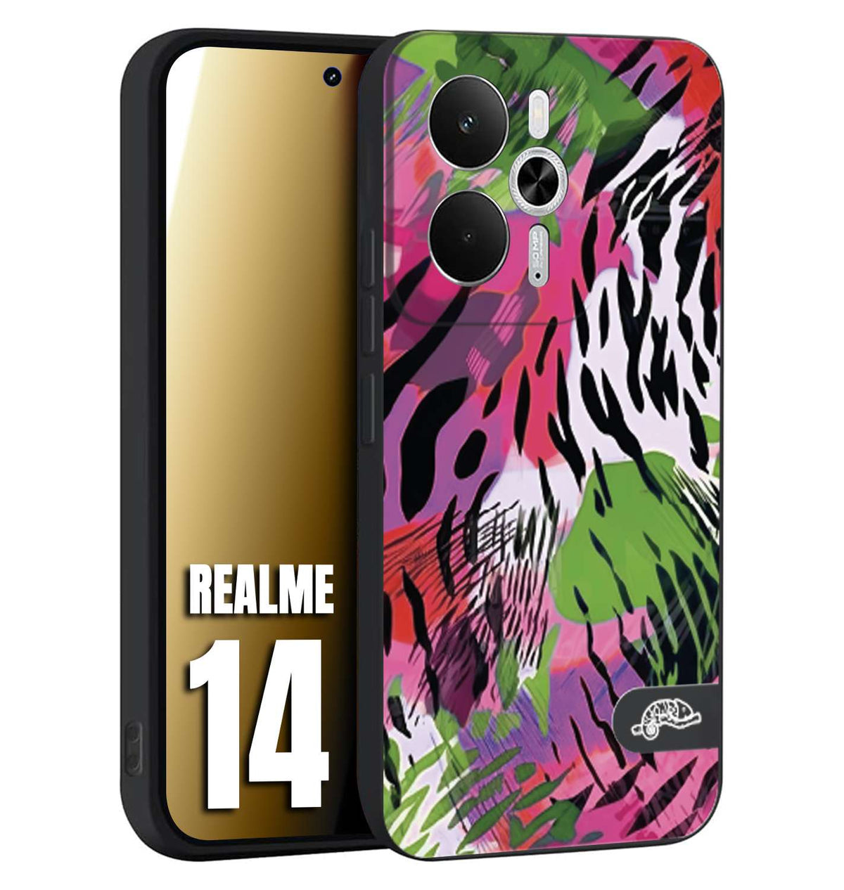 CUSTOMIZZA - Custodia cover nera morbida in tpu compatibile per Realme 14 5G leopardato tigrato tiger colorata summer color verde fucsia