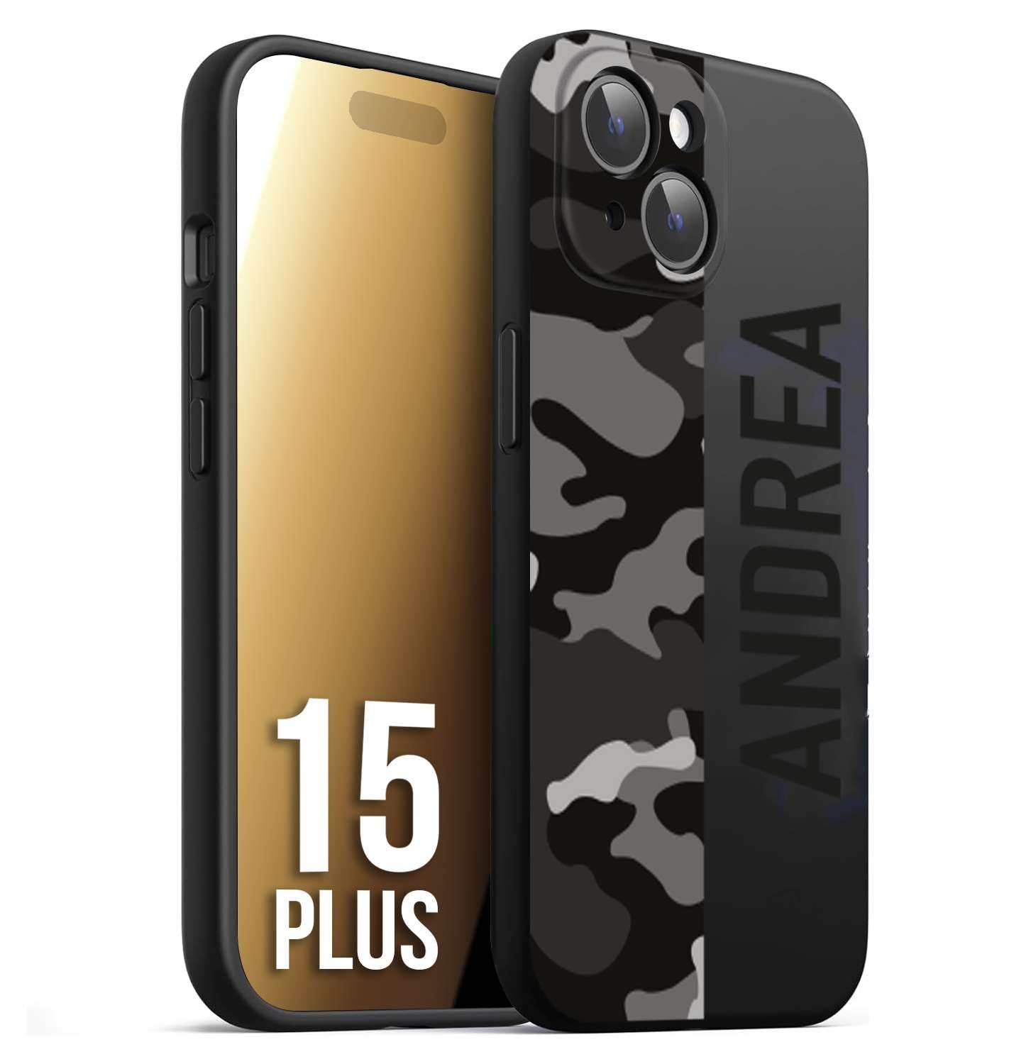 CUSTOMIZZA - Custodia cover nera morbida in tpu compatibile per iPhone 15 PLUS camouflage mimetico militare personalizzata nome