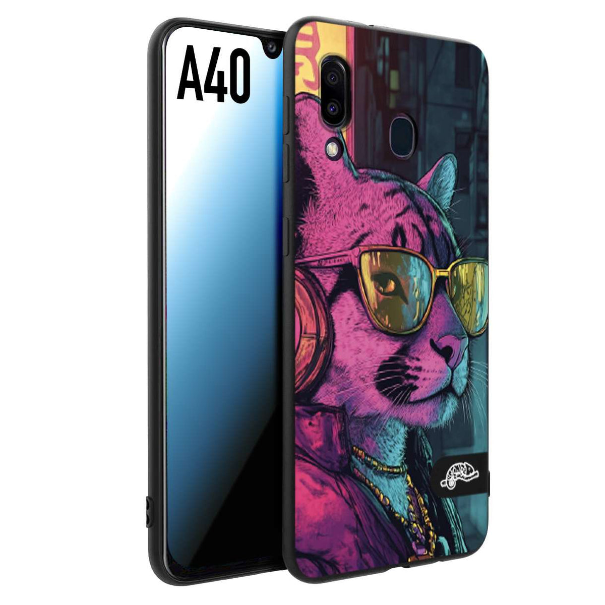 CUSTOMIZZA - Custodia cover nera morbida in tpu compatibile per Samsung A40 animali cyberpunk pantera street cat fucsia blu giallo