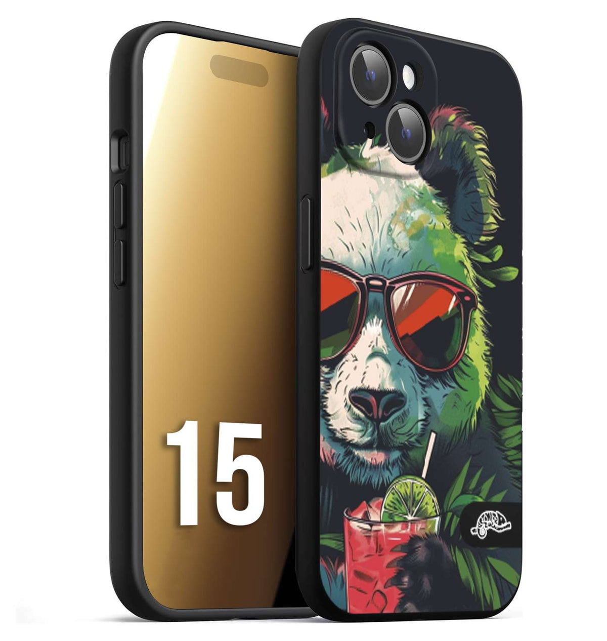 CUSTOMIZZA - Custodia cover nera morbida in tpu compatibile per iPhone 15 estate disegnata cocktails animali simpatici panda mojito