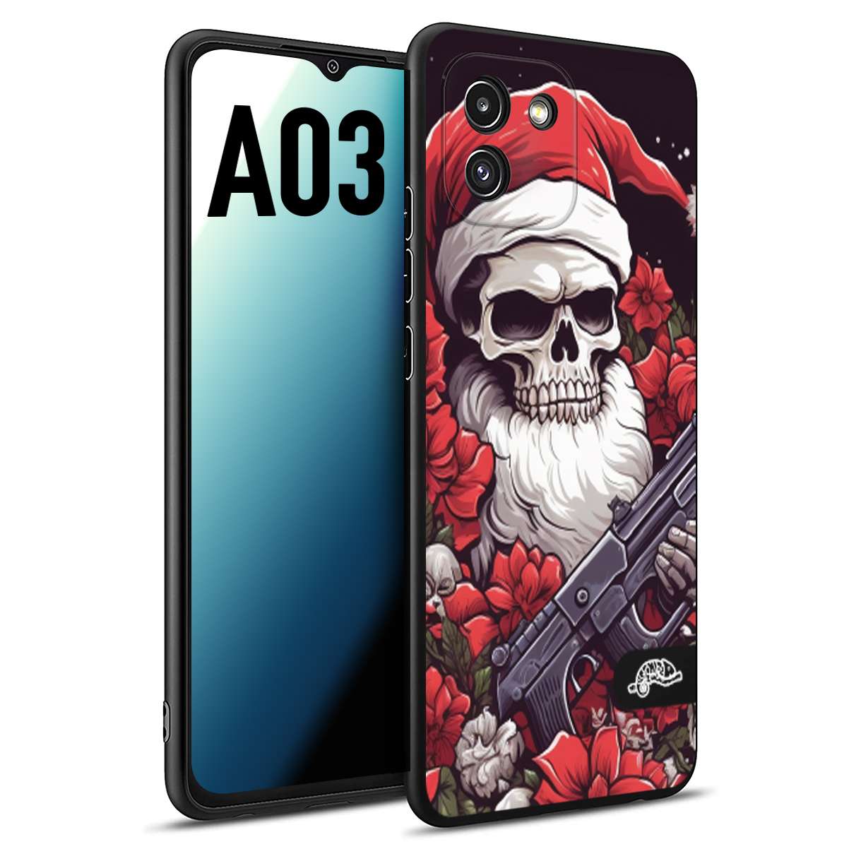 CUSTOMIZZA - Custodia cover nera morbida in tpu compatibile per Samsung A03 teschio natale santa claus fiori tattoo disegnato