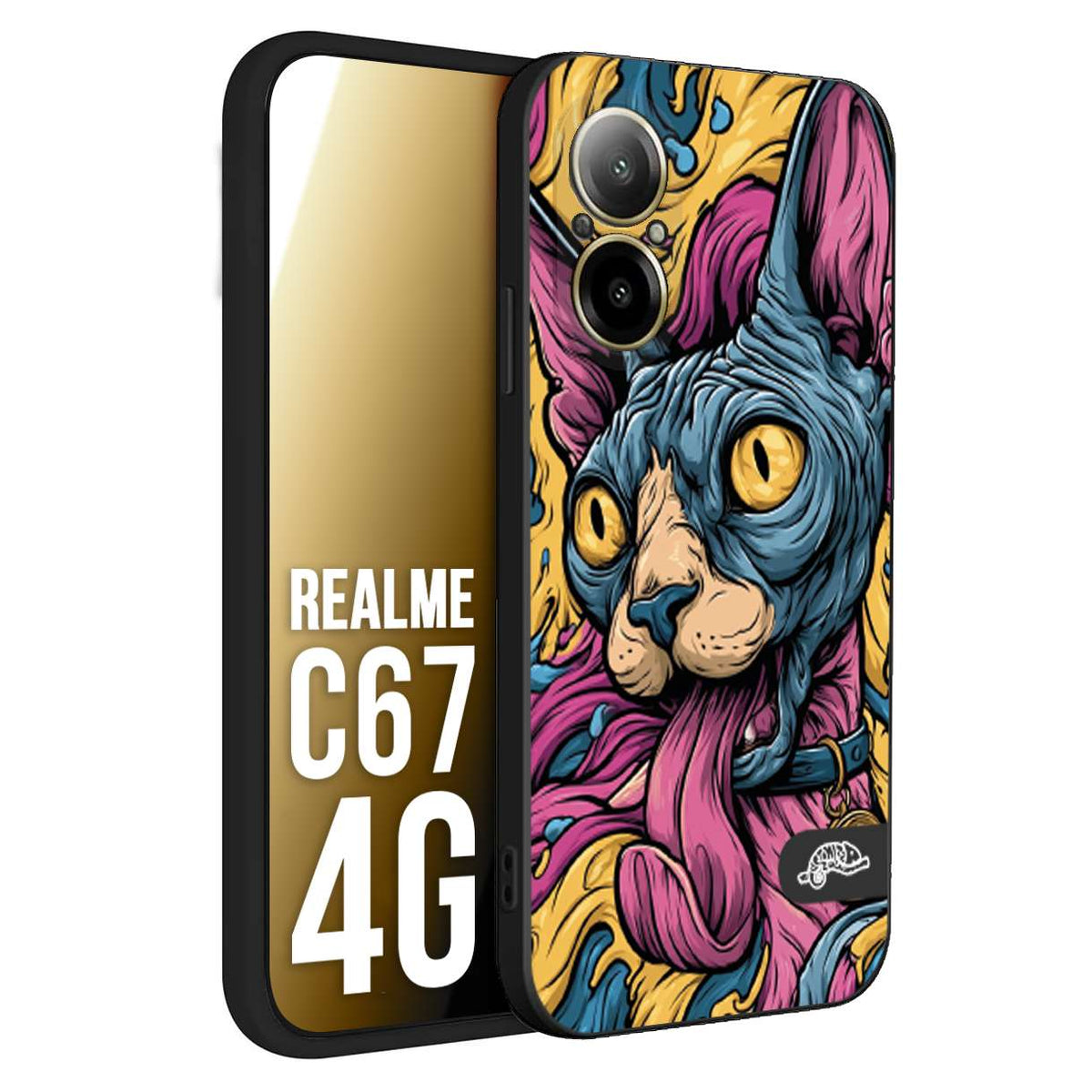 CUSTOMIZZA - Custodia cover nera morbida in tpu compatibile per Realme C67 4G Sphynx Colorato Pop Art Psichedelico Gatto Blu Rosa Giallo Artistica Fantasy