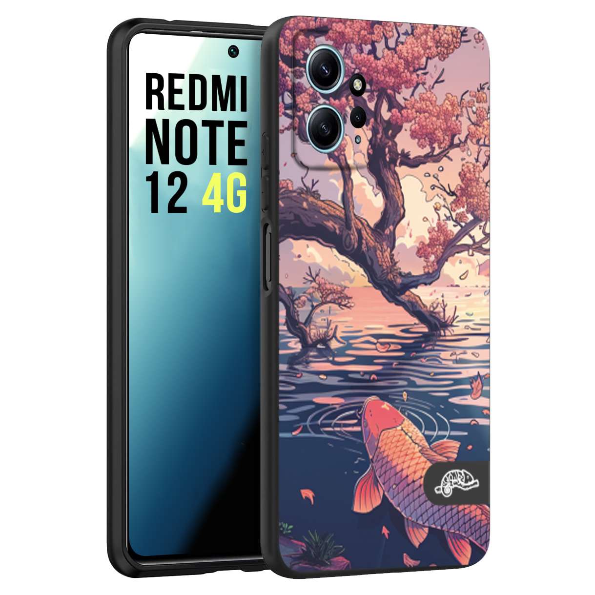 CUSTOMIZZA - Custodia cover nera morbida in tpu compatibile per Xiaomi Redmi Note 12 4G giapponese lago carpa koi rosa con foglie d'acero disegnata tattoo