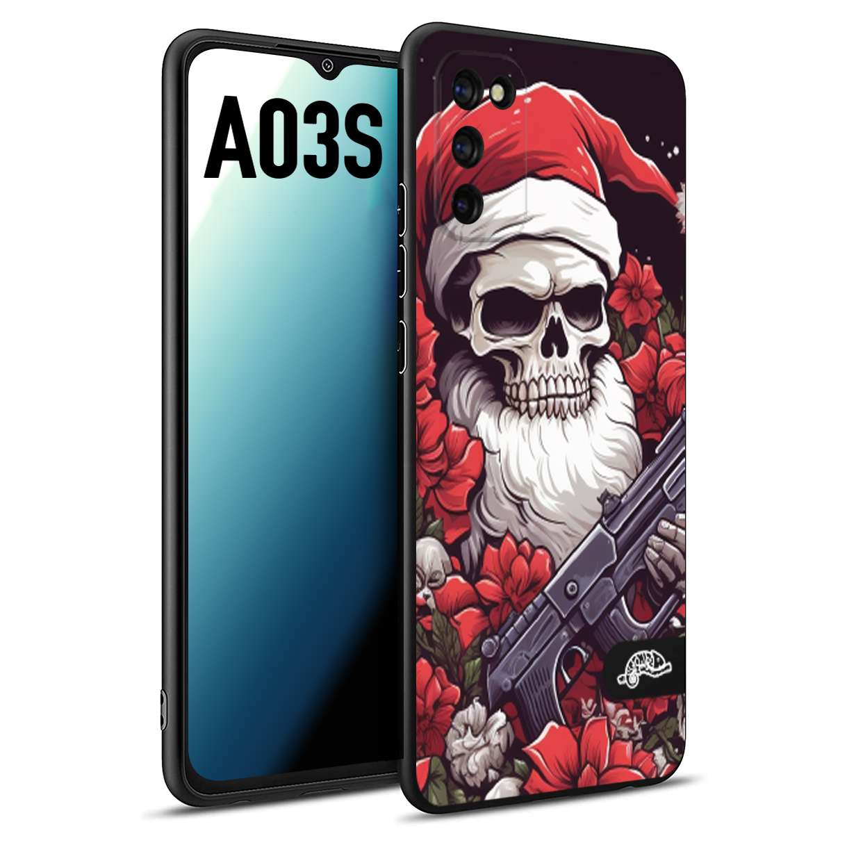 CUSTOMIZZA - Custodia cover nera morbida in tpu compatibile per Samsung A03S teschio natale santa claus fiori tattoo disegnato