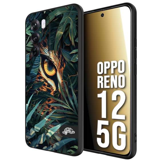 CUSTOMIZZA - Custodia cover nera morbida in tpu compatibile per Oppo Reno 12 5G animali color giungla tropicale occhio di giaguaro felino disegnato