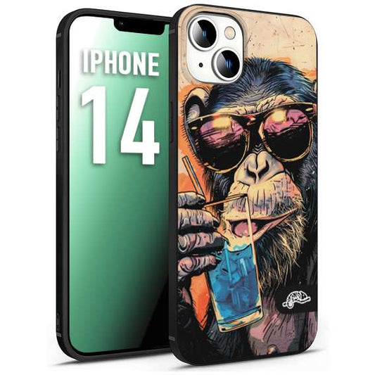 CUSTOMIZZA - Custodia cover nera morbida in tpu compatibile per iPhone 14 estate disegnata cocktails animali simpatici scimmia monkey negroni