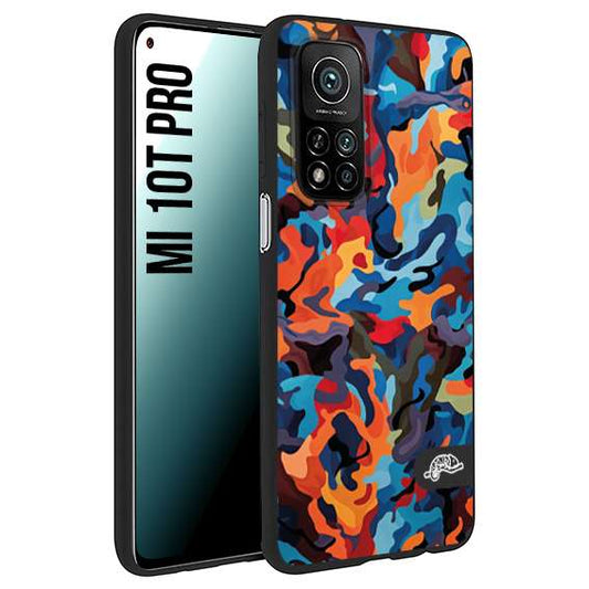 CUSTOMIZZA - Custodia cover nera morbida in tpu compatibile per Xiaomi Mi 10T PRO camouflage mimetico militare moderno blu arancio rosso