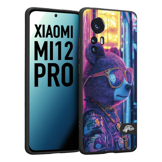 CUSTOMIZZA - Custodia cover nera morbida in tpu compatibile per Xiaomi 12 PRO animali cyberpunk orsetto orso street bear fucsia blu night