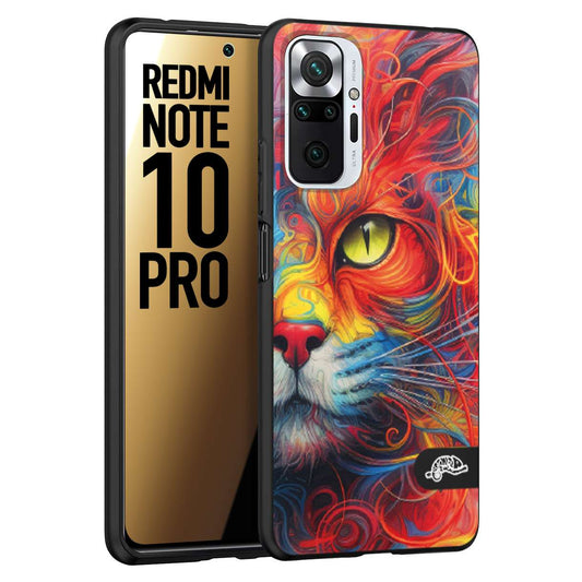 CUSTOMIZZA - Custodia cover nera morbida in tpu compatibile per Xiaomi Redmi Note 10 PRO animali color cat gatto viso colori vibranti disegnato schizzo