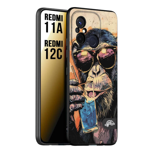 CUSTOMIZZA - Custodia cover nera morbida in tpu compatibile per Xiaomi Redmi 11A - 12C estate disegnata cocktails animali simpatici scimmia monkey negroni