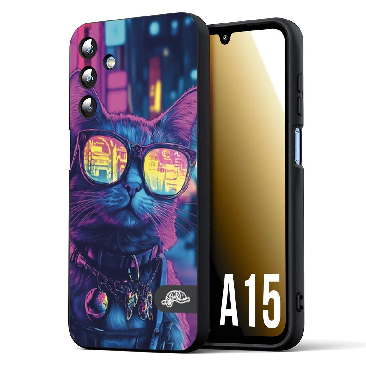 CUSTOMIZZA - Custodia cover nera morbida in tpu compatibile per Samsung A15 5G animali cyberpunk gatto street cat fucsia blu giallo