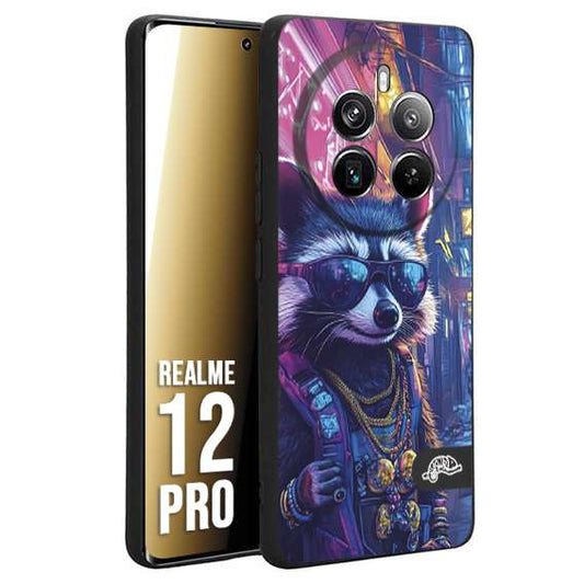 CUSTOMIZZA - Custodia cover nera morbida in tpu compatibile per Realme 12 PRO animali simpatici cyberpunk procione racoon street cat fucsia blu giallo