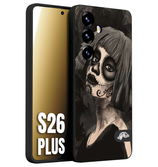 CUSTOMIZZA - Custodia cover nera morbida in tpu compatibile per Samsung S26 PLUS chicana messicana dea de la muerte donna santa tattoo disegnata