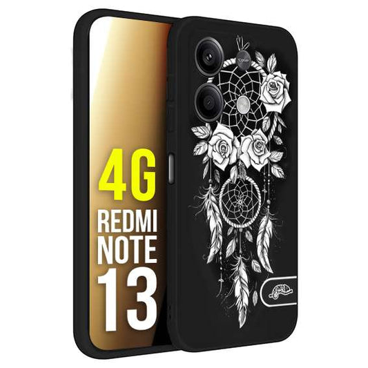 CUSTOMIZZA - Custodia cover nera morbida in tpu compatibile per Xiaomi Redmi Note 13 4G acchiappasogni dreamcatcher black and white bianco a rilievo disegnato tattoo tatuaggio