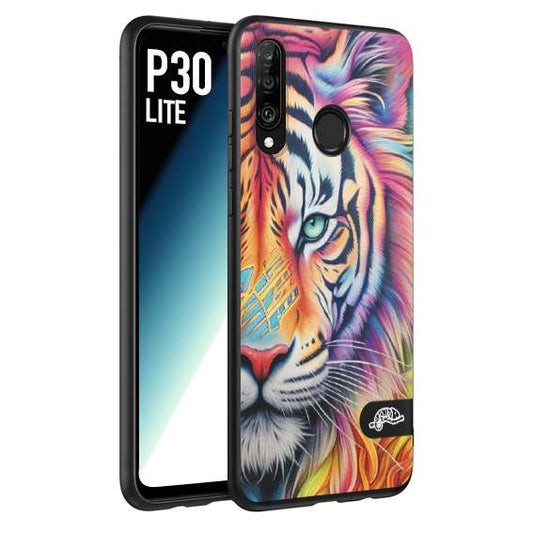 CUSTOMIZZA - Custodia cover nera morbida in tpu compatibile per Huawei P30 LITE animali color tigre tiger viso colori vibranti disegnato schizzo