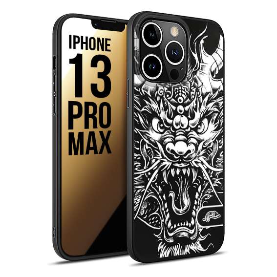 CUSTOMIZZA - Custodia cover nera morbida in tpu compatibile per iPhone 13 PRO MAX drago black and white bianco a rilievo disegnato tattoo tatuaggio