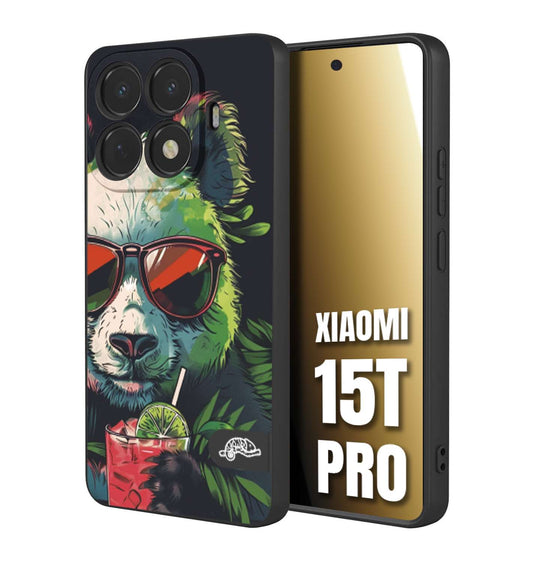 CUSTOMIZZA - Custodia cover nera morbida in tpu compatibile per Xiaomi 15T PRO estate disegnata cocktails animali simpatici panda mojito