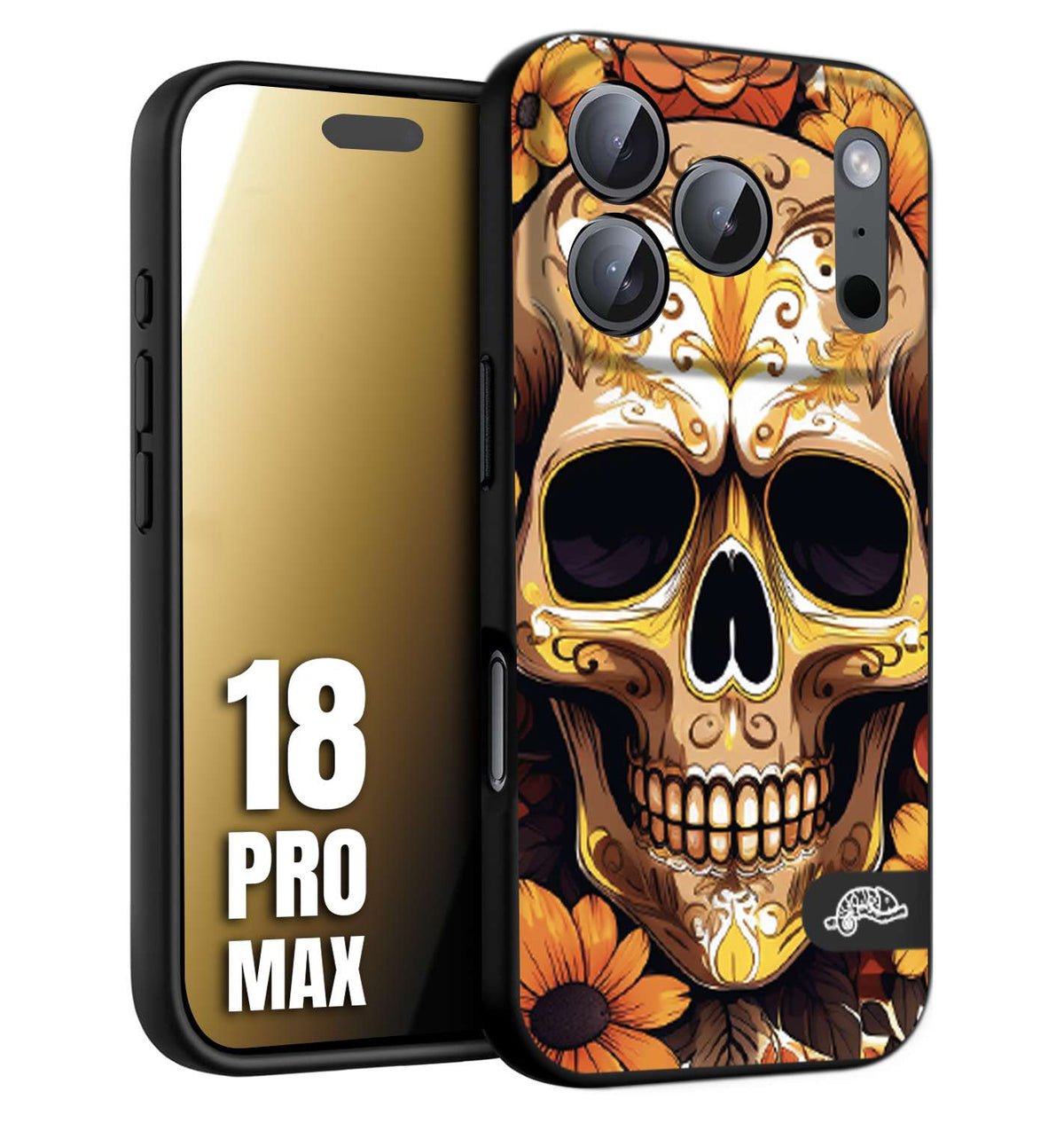 CUSTOMIZZA - Custodia cover nera morbida in tpu compatibile per iPhone 18 PRO MAX teschio messicano colorato dorato fiori tattoo disegnato