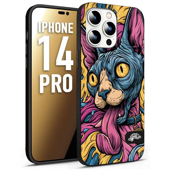 CUSTOMIZZA - Custodia cover nera morbida in tpu compatibile per iPhone 14 PRO Sphynx Colorato Pop Art Psichedelico Gatto Blu Rosa Giallo Artistica Fantasy