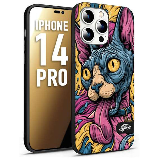CUSTOMIZZA - Custodia cover nera morbida in tpu compatibile per iPhone 14 PRO Sphynx Colorato Pop Art Psichedelico Gatto Blu Rosa Giallo Artistica Fantasy
