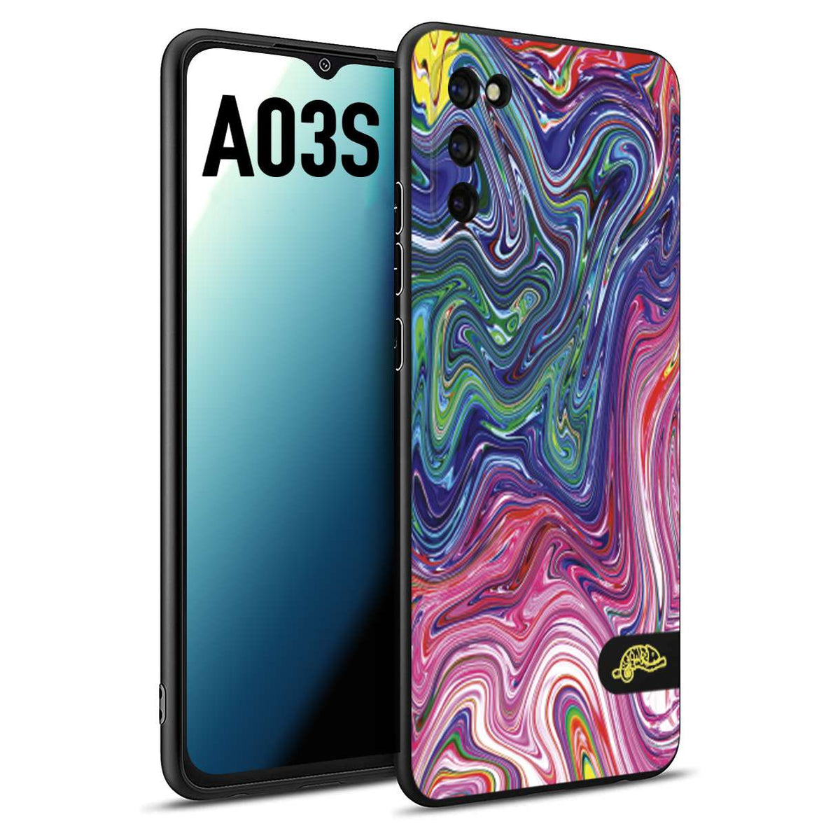 CUSTOMIZZA - Custodia cover nera morbida in tpu compatibile per Samsung A03S colorata fantasia vortice marmo arcobaleno rosa blu fucsia
