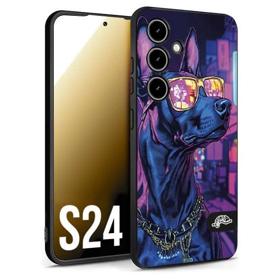 CUSTOMIZZA - Custodia cover nera morbida in tpu compatibile per Samsung S24 animali cyberpunk dobermann cane street dog fucsia blu night