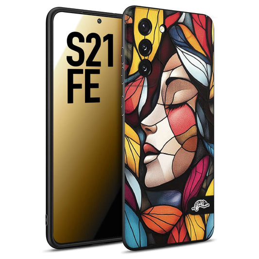 CUSTOMIZZA - Custodia cover nera morbida in tpu compatibile per Samsung S21 FE Vetrata artistica volto di donna profilo fogliare mosaico di vetro colorato