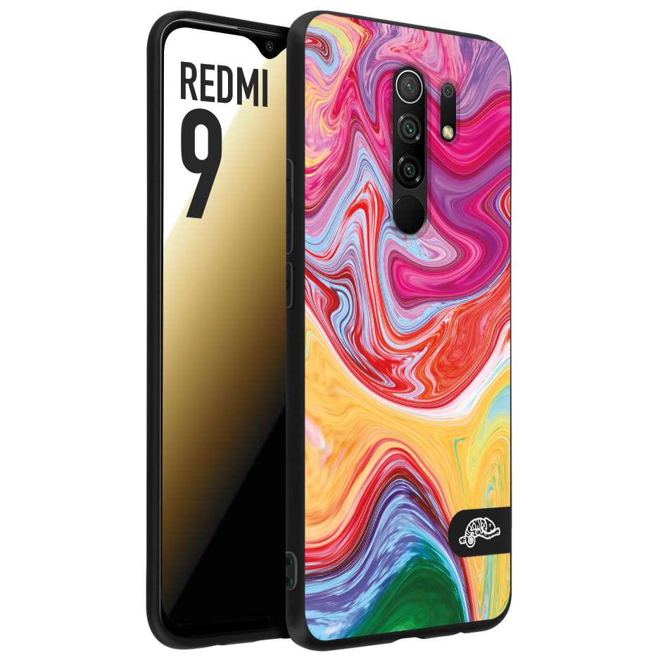 CUSTOMIZZA - Custodia cover nera morbida in tpu compatibile per Xiaomi Redmi 9 colorata fantasia vortice marmo onde verde fucsia gialla