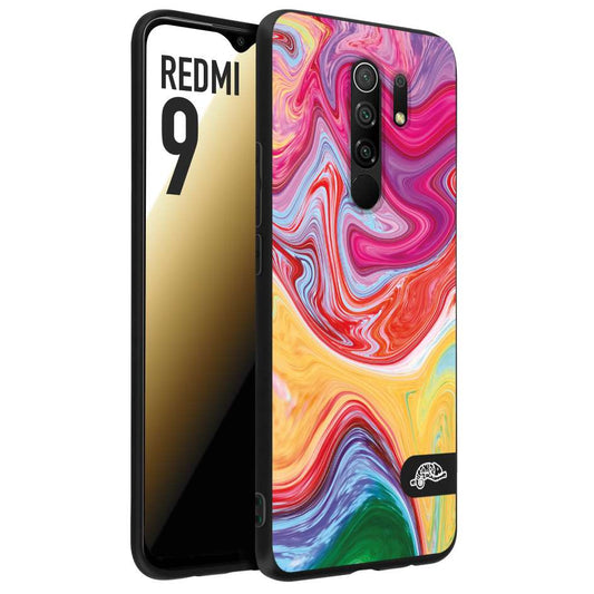 CUSTOMIZZA - Custodia cover nera morbida in tpu compatibile per Xiaomi Redmi 9 colorata fantasia vortice marmo onde verde fucsia gialla