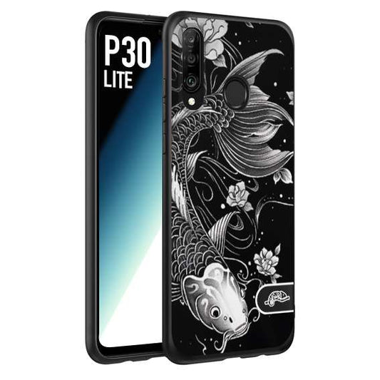 CUSTOMIZZA - Custodia cover nera morbida in tpu compatibile per Huawei P30 LITE carpa koi black and white bianco a rilievo disegnato tattoo tatuaggio