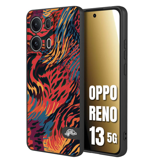 CUSTOMIZZA - Custodia cover nera morbida in tpu compatibile per Oppo Reno 13 5G leopardato maculato tigrato colorata fiamme rossa blu arancione
