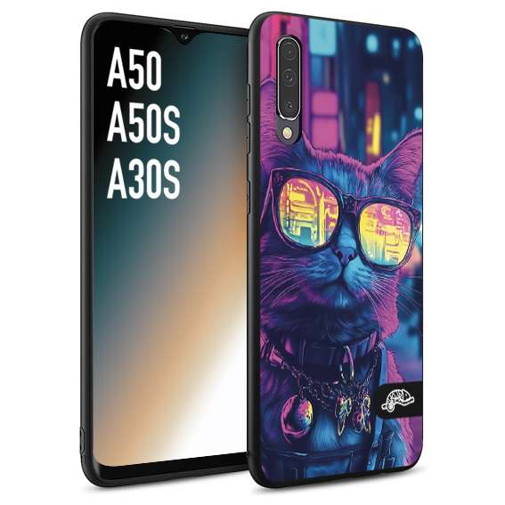 CUSTOMIZZA - Custodia cover nera morbida in tpu compatibile per Samsung A50 - A50S - A30S animali cyberpunk gatto street cat fucsia blu giallo