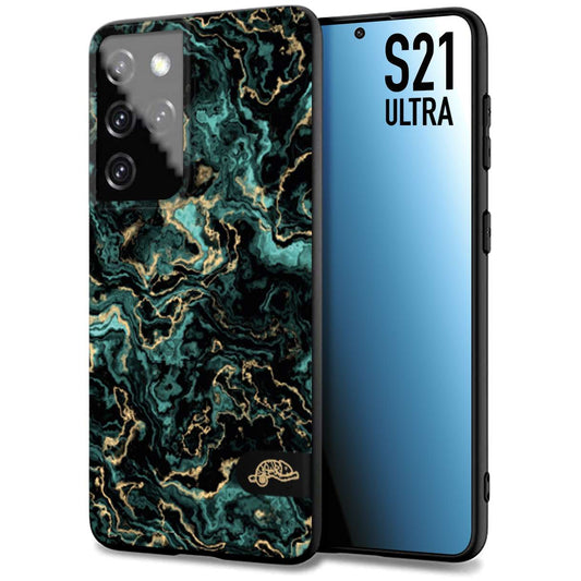 CUSTOMIZZA - Custodia cover nera morbida in tpu compatibile per Samsung S21 ULTRA effetto marmo marble verde green venature dorato pietra