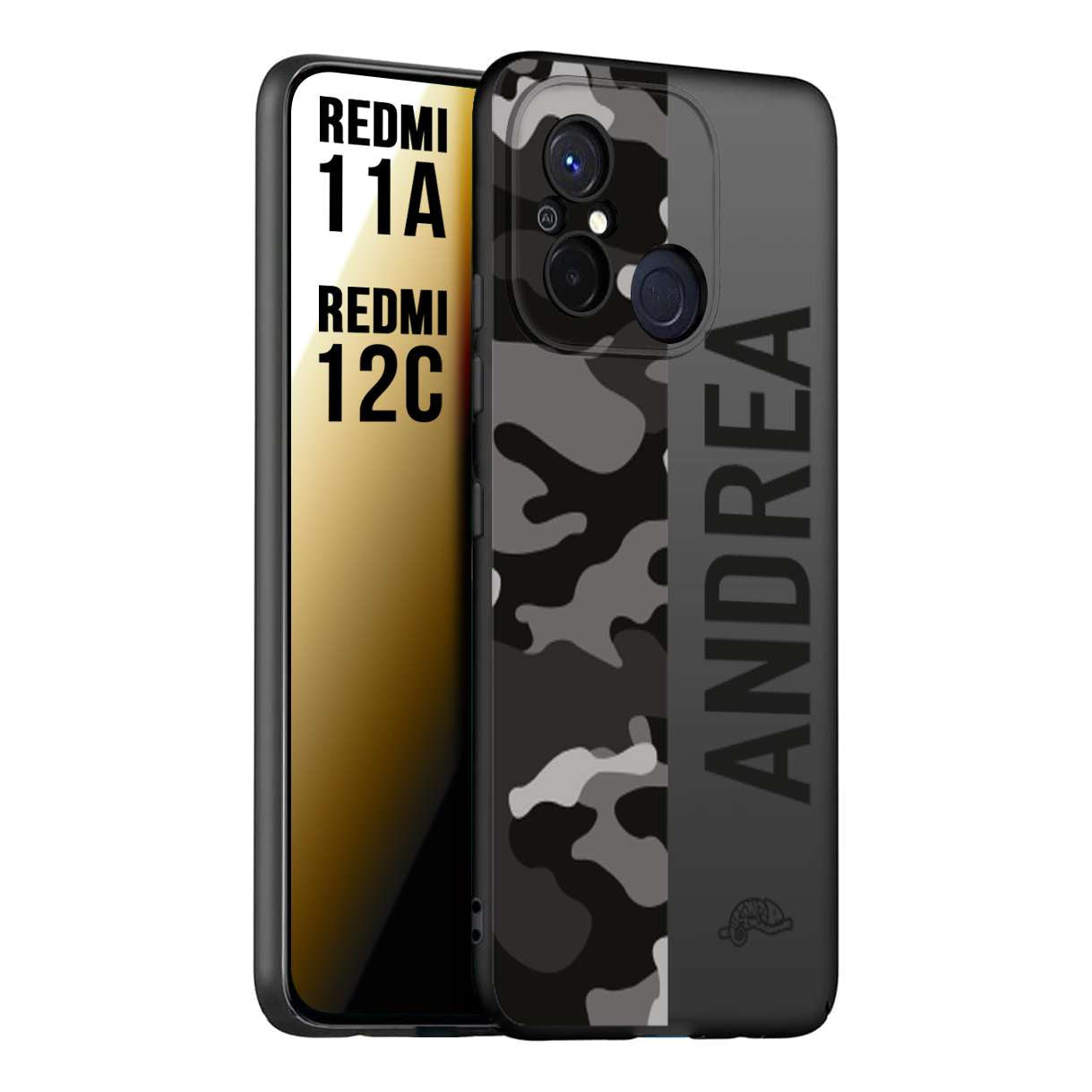 CUSTOMIZZA - Custodia cover nera morbida in tpu compatibile per Xiaomi Redmi 11A - 12C camouflage mimetico militare personalizzata nome