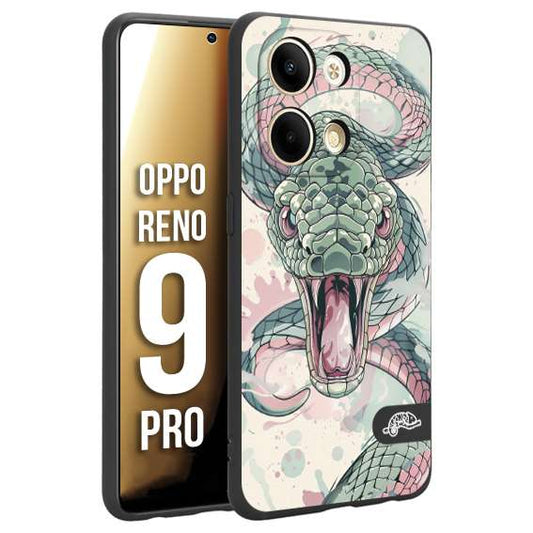CUSTOMIZZA - Custodia cover nera morbida in tpu compatibile per Oppo Reno 9 PRO snake pink green serpente tatuaggio tattoo disegnato a mano